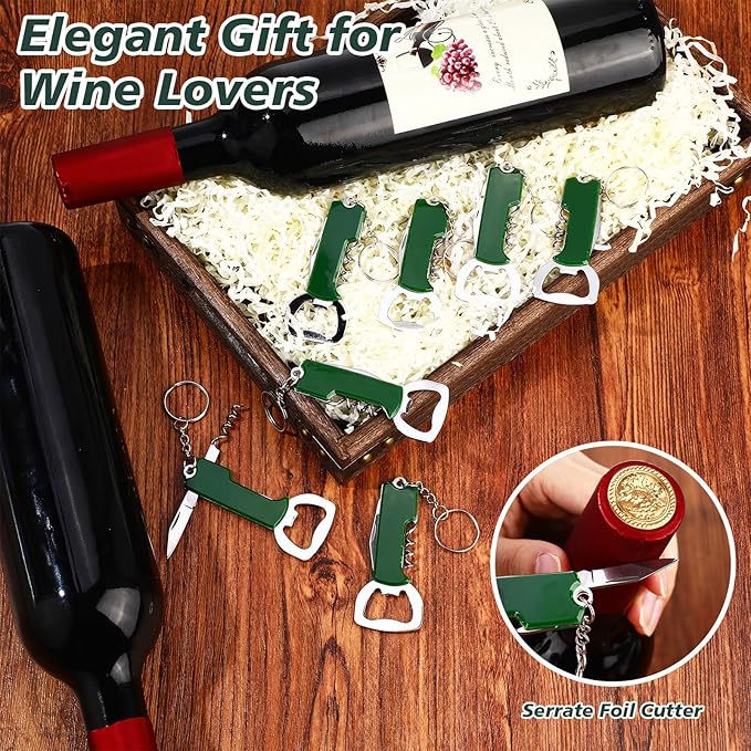 Ziliny 24 Pcs Bottle Opener Keychain Bulk Wine Bottle Beer Opener Keychain 3.27" Stainless Steel Corkscrew Waiter Corkscrew Wine Keyring Gifts for Christmas Bar Party Wedding Home (Green)