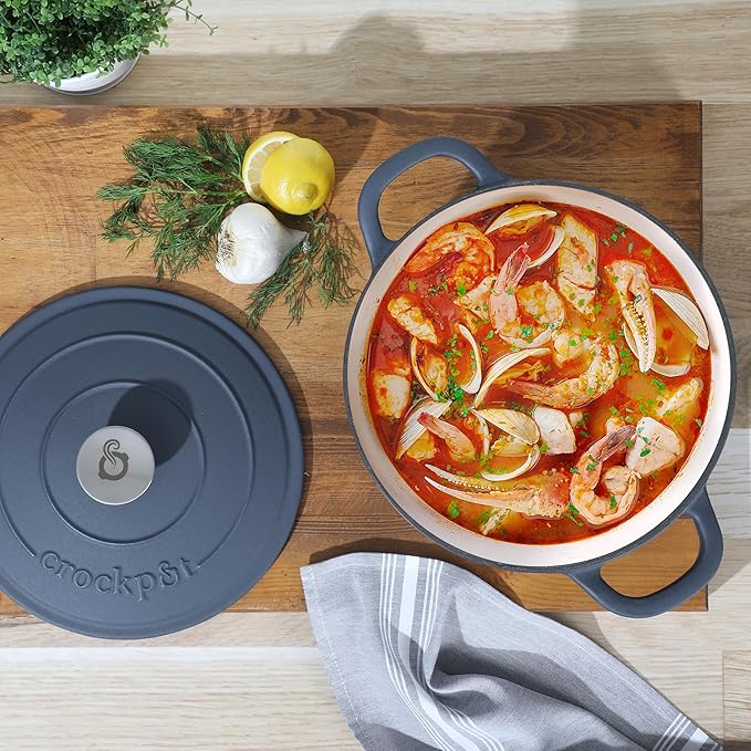 Crock-Pot Artisan 5-Quart Round European Enameled Cast Iron Dutch Oven with Lid – Matte Navy Blue, Durable Oven Safe Cookware
