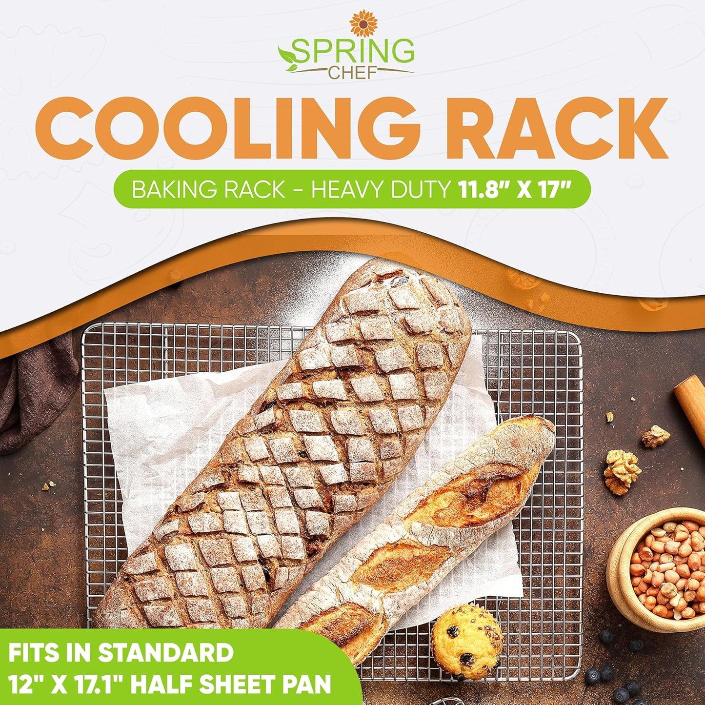Spring Chef 11.8" x 17" Stainless Steel Cookie Cooling Rack - Oven Safe - Baking Rack for Bacon, BBQ, Jerky, Bread, Pizza, Cake - Fits Half Sheet Roasting Pan - Dishwasher Safe