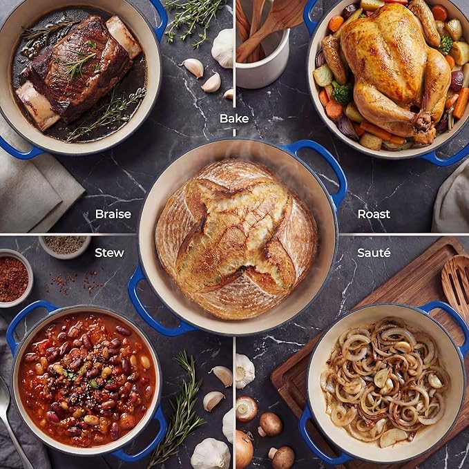 Zulay Kitchen 6 Quart Enameled Cast Iron Dutch Oven Pot with Lid – Premium Durability & Oven Safe up to 500°F – Heavy Duty Cookware Perfect for Bread Baking, Stews, Braising & Roasting - Blue