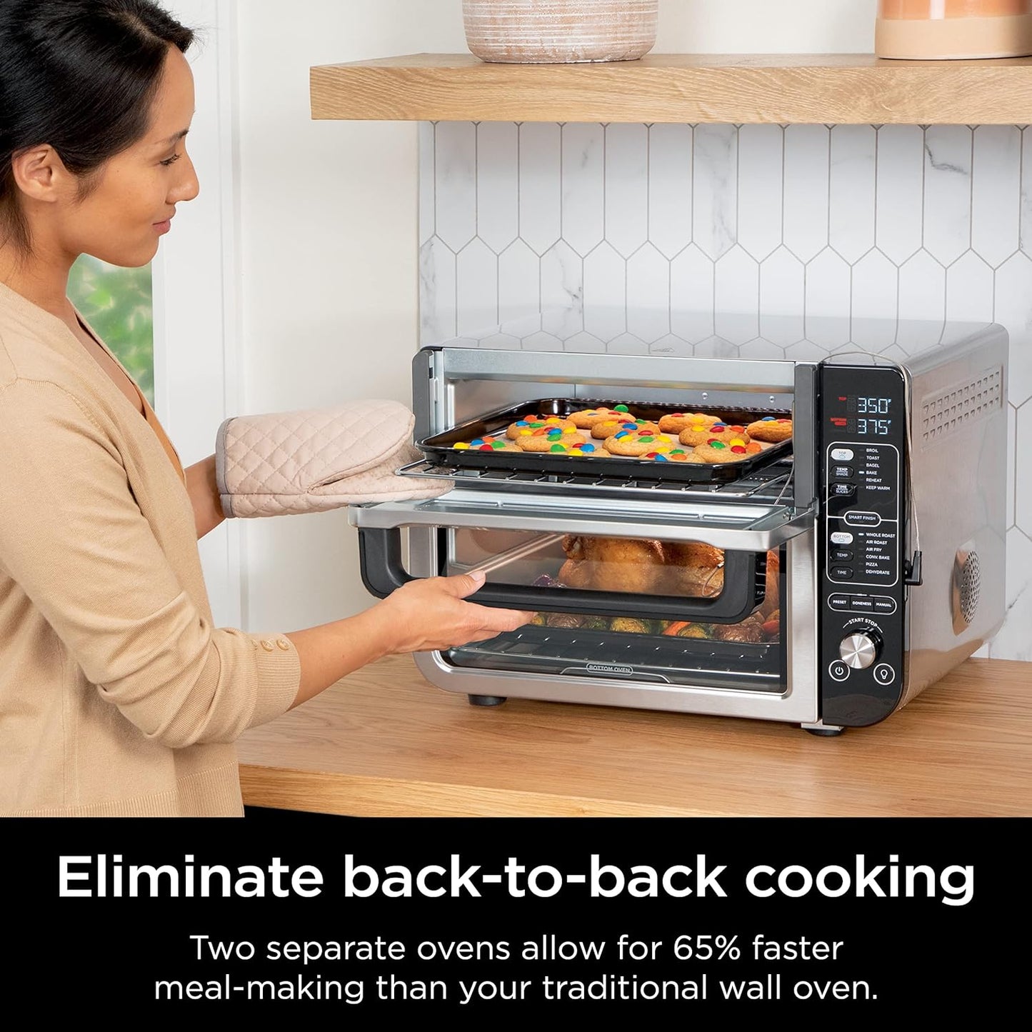 Ninja DCT451 12-in-1 Smart Double Oven with FlexDoor, Thermometer, FlavorSeal, Smart Finish, Rapid Top Convection and Air Fry Bottom , Stainless Steel
