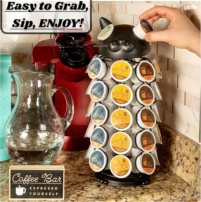 Made Easy Kit Carousel Coffee Pod Holder - Compatible with Keurig K-Pods K-Cups - Countertop 360 Spin Rack Storage Organizer - Revolving Base - Capsule Café Station Bar (Cat Black, Small)