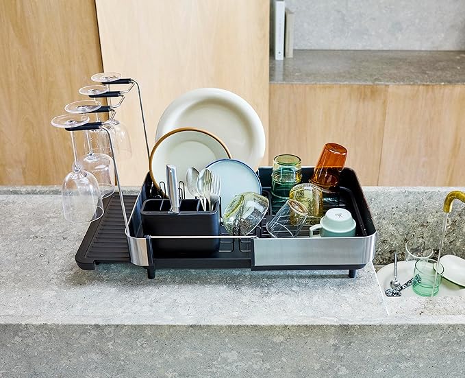 Joseph Joseph Extend Steel Plus Extendable Dish Rack Steel, Small to Large Dish Drainer with Wine Glass Holder & Drain Spout, Black