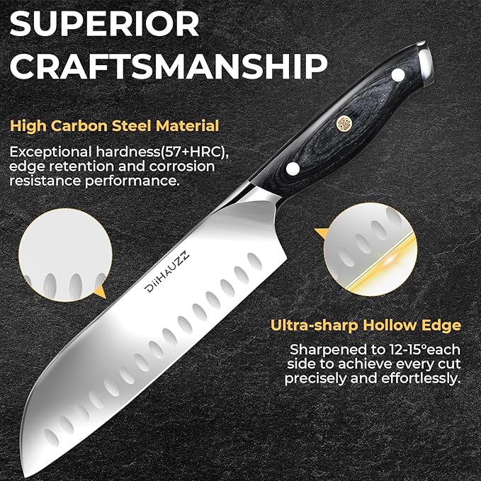 Chef Knife, 7 Inch Ultra Sharp Japanese Santoku Knife, High Carbon Steel Forged Professional Kitchen Knife with Full Tang Triple-Riveted Ergonomic Handle for Slicing, Chopping, Dicing
