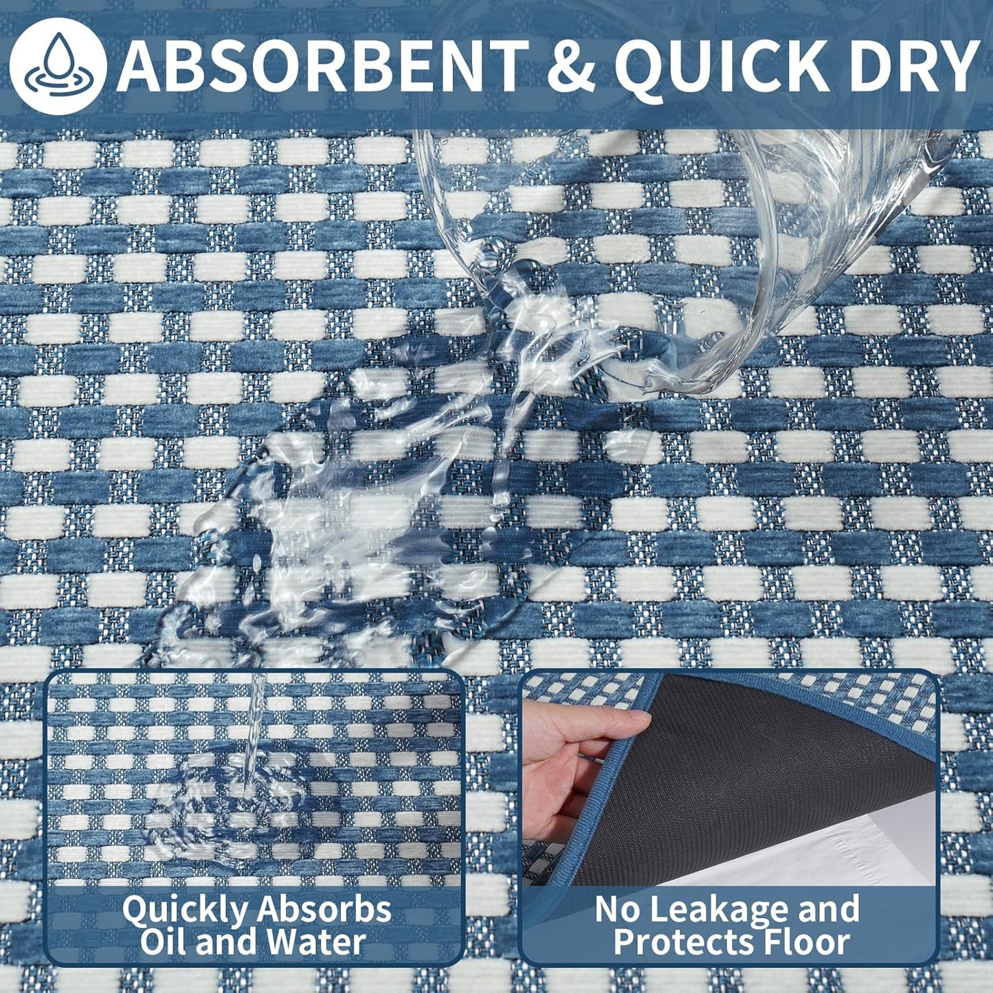 Long Kitchen Runner Rugs Kitchen Mat Non Slip Washable, Super Absorbent Soft Chenille Braided Kitchen Mats for Floor, Rubber Backing Kitchen Floor Sink Standing Mat, Easy Clean, Blue 24"x71"