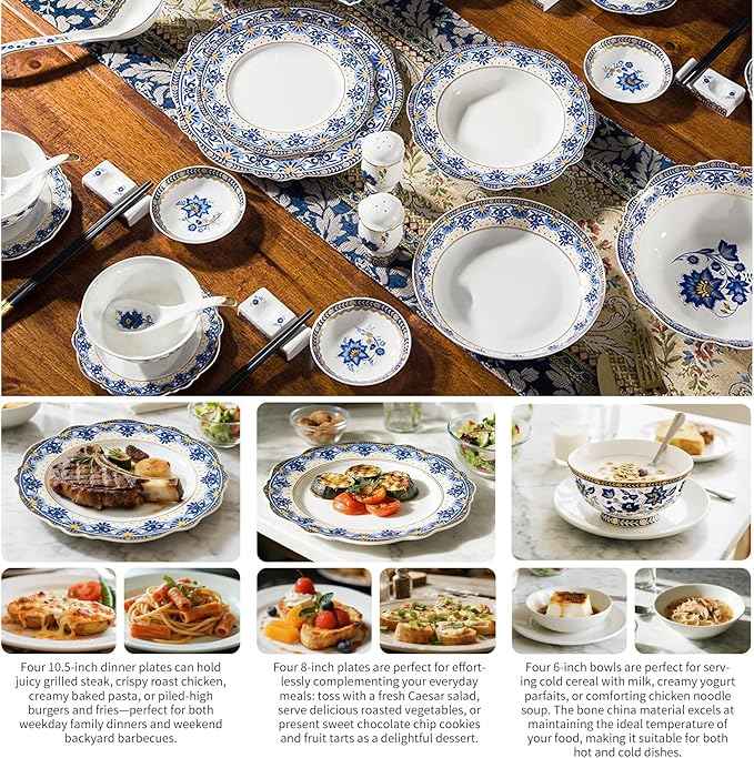 ACMLIFE 12-Piece Bone China Dinnerware Set, Blue and White Vintage Floral Dinnerware Set Service for 4, Lightweight Plates and Bowls Set with Gift Box (Blue-B)