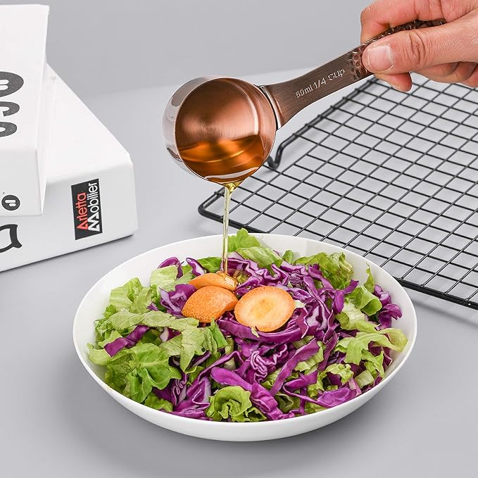 Copper Measuring Cups and Spoons set, Stainless Steel Measuring Cups and Spoons set for Baking & Kitchen, Metric & US 5 Copper Measure Cup and 6 Measure Spoons and 1 Ingredient Leveler