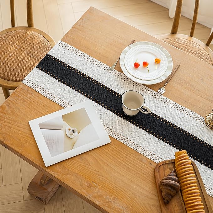 FEXIA Boho Table Runner for Home Decor with Tassels 36 Inches Long,Black Farmhouse Rustic Table Runner Macrame Burlap Table Decoration for Living Room Bridal Shower(12x36 Inches)