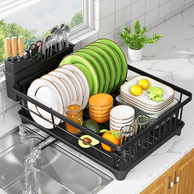 Kmiectse Dish Drying Rack - Space-Saving Small Dish Rack for Kitchen Counter, Rust-Resistant Kitchen Drying Rack, Compact Dish Drainer Organizer with Utensil Holder for Home Kitchen, Black