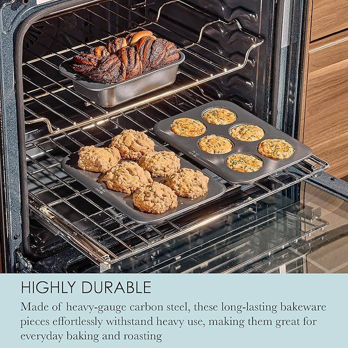 Chicago Metallic 7-Piece Nesting Bakeware Set - Carbon Steel Nonstick Baking Sheet, Loaf Pan, Muffin Pan, Cake Pan, Roaster and Cooling Rack - Space-Saving Kitchen Essentials