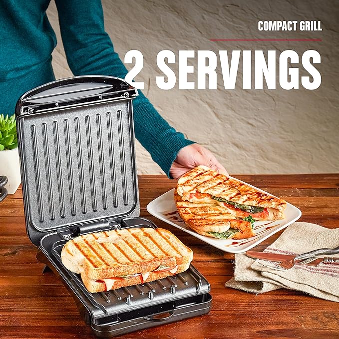 George Foreman Compact 2-Serving Electric Indoor Grill and Panini Press for 1–2 People, Classic Plates, Black