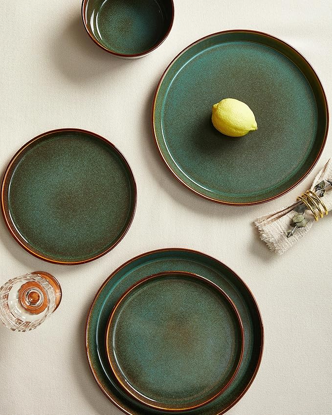 Pokini Plates and Bowls Sets for 6, Ceramic Dinnerware Sets, Kitchen Dish Set, Microwave & Dishwasher Safe Dishware, Highly Durable Reactive Glazed Dinner Set, Brown Green