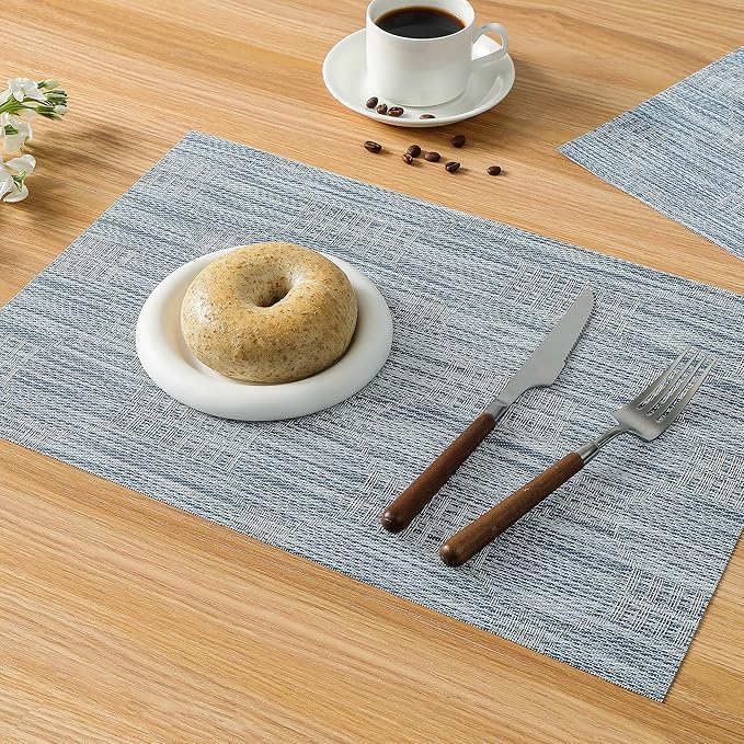 Leetaltree Alice Blue Placemats Set of 6 - Heat Resistant Non-Slip Place mats for Dining Table, Washable Durable PVC Vinyl Woven Table Mats（Jacquard Blue, 6）