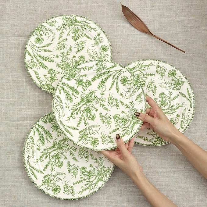 Bico Green Garden Toile De Jouy Dinner Plates Set of 4, 11 Inch Large Ceramic Plates for Pasta, Steak, Stylish Serving Dishes, Microwave and Dishwasher Safe, Gift for Housewarming and Thanksgiving