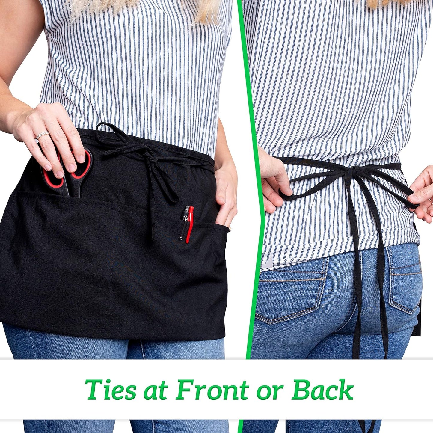 GREEN LIFESTYLE 3 Pack Server Aprons with 3 Pockets - Waist Apron, Waitress Apron for Women and Man, Water Resistant with Long Waist Strap Reinforced Seams, Half Apron (Black)