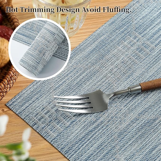 Leetaltree Jacquard Blue Placemats Set of 4 - Heat Resistant Non-Slip Place mats for Dining Table, Washable Durable PVC Vinyl Woven Table Mats (Jacquard Blue, 4)