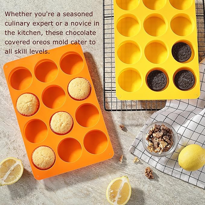 2 Pcs Oreo Chocolate Cookie Silicone Molds, 12-Cavity Round Silicone Mold, Baking Mold for Oreo, Chocolate, Cookie, Candy, Mini Cake, Jelly (Orange + Yellow)