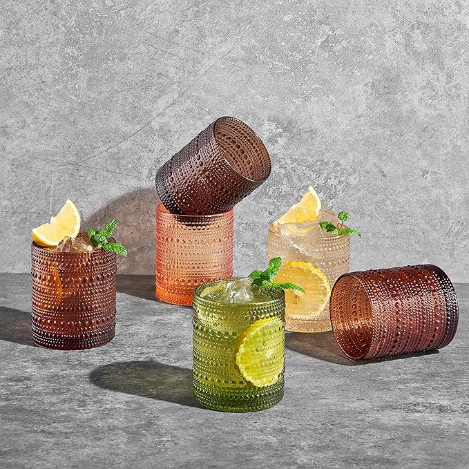 Hobnail Beaded Highball Drinking Tumbler Glasses | Set of 6 | Venus Sand Colors, Vintage Bubble Design Glassware, Old-Fashioned, Embossed Design for Water, Wine, Cocktail Embossed Heavy, Rocks Glass