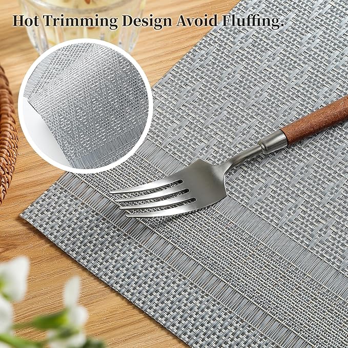 Leetaltree Lunar Grey Placemats Set of 4 - Heat Resistant Non-Slip Place mats for Dining Table, Washable Durable PVC Vinyl Woven Table Mats（Lunar Grey, 4）