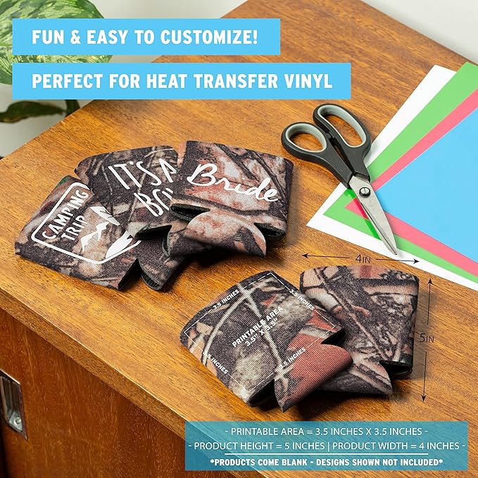 Blank Beer Can Cooler Sleeves (110-Pack) Soft Insulated Beer Can Coolies - HTV Friendly Blank Koolies in Bulk for Beer Cans & Bottles - Coolie Blanks for Vinyl Projects & Wedding Favors (Natural Camo)