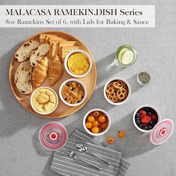 MALACASA Ramekins with Lids 8 oz - Set of 6, White Porcelain Creme Brulee Souffle Ramekins with Covers, Ceramic Custard Cups for Baking, Dishwasher and Oven Safe, Series RAMEKIN-DISH